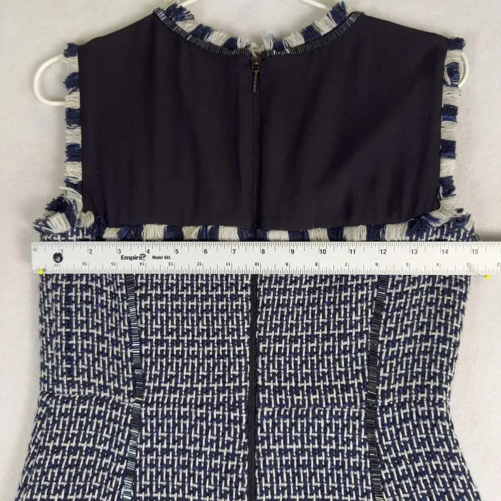 TORY BURCH Tweed Sheath Dress Mixed Media Fringe Beaded Seams Navy Cream Size 2